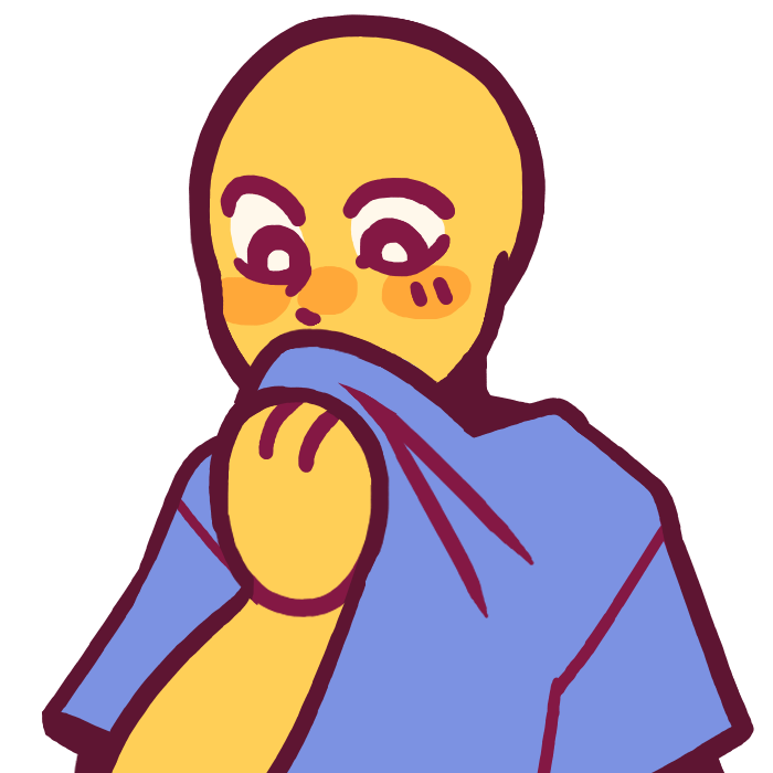 a person covering their mouth with the front of their tshirt, which is blue